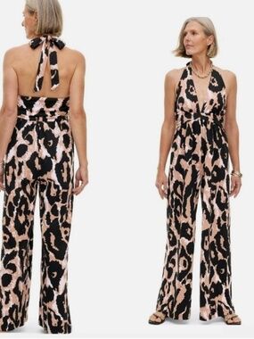 NWT DVF Diane Von Furstenberg Leopard Halter Jumpsuit XS Wide Leg